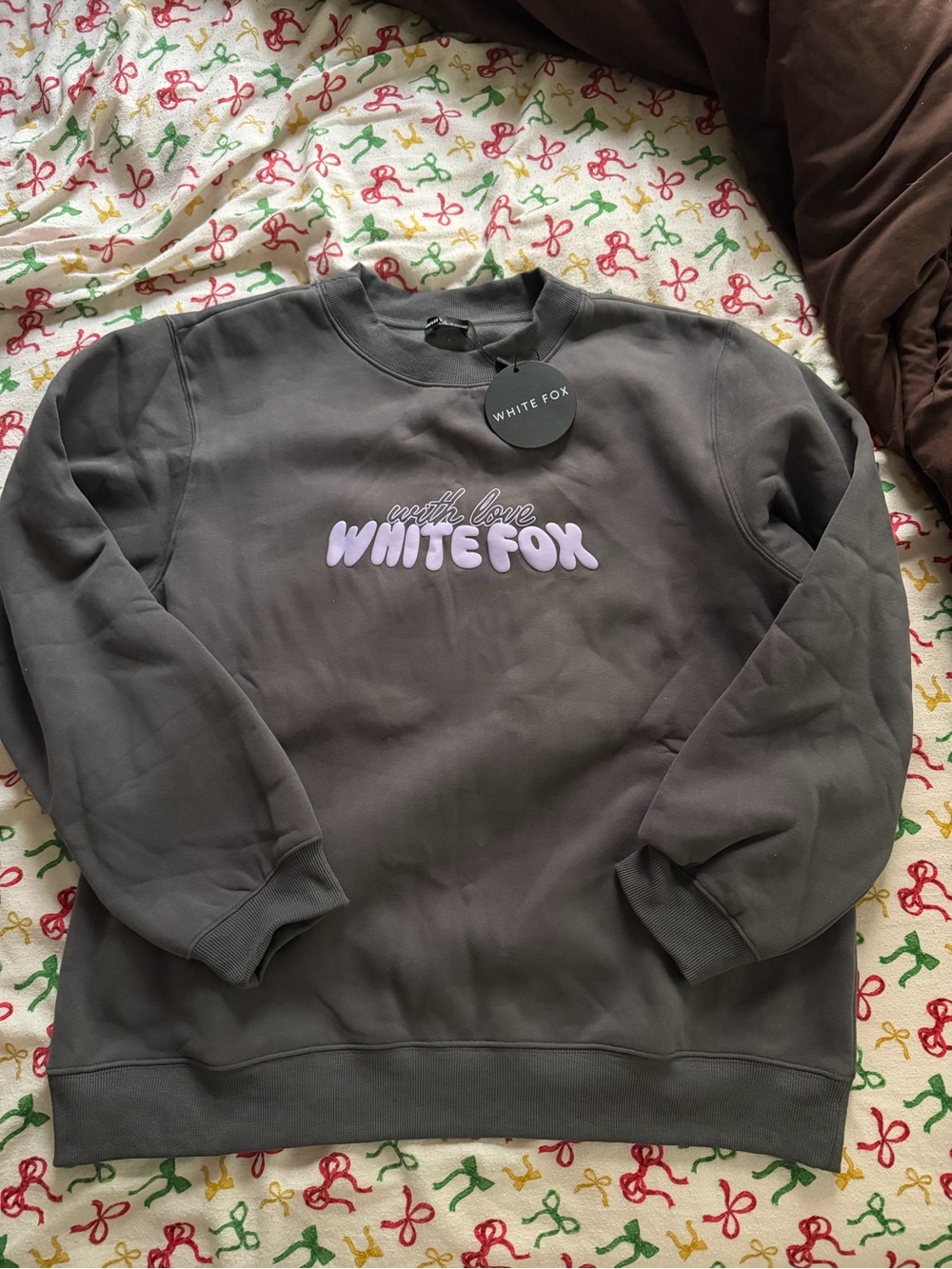 White Fox Boutique Gray Crewneck Sweatshirt with Lilac Logo